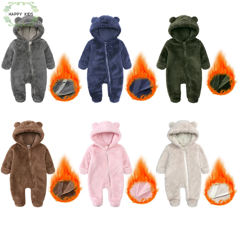 Baby Clothes Winter Infant Solid Hooded Thick Outfits For 0-24Months Casual Korean Jumpsuit Baby Boy Girls Fleece Romper Newborn Warm Clothes
