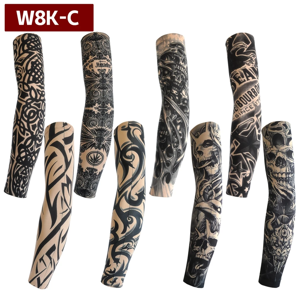 Men Women Long Summer Tattoo Sleeves Seamless Armguard Sun Protection Cover Outdoor Gloves Driving Ice Silk 8pcs sunscreen arm sleeves ice sleeves