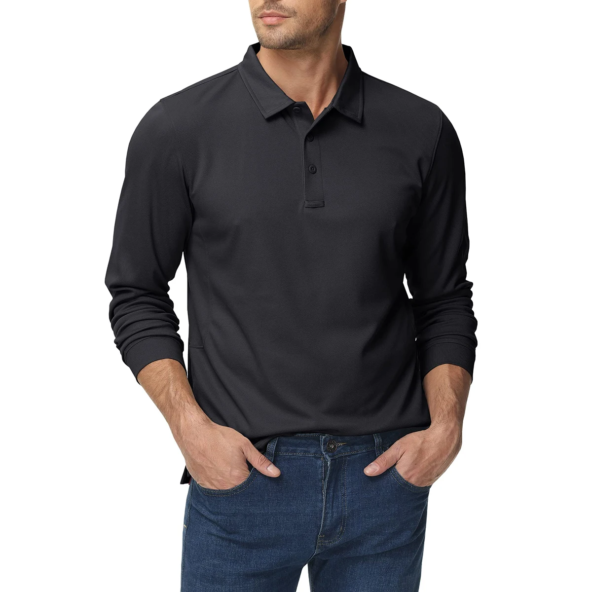 TACVASEN Herren-T-Shirt mit langen Ärmeln und Kragen, 3-Knopf-Schnell trocknendes Performance-Golfshirt, sportlich, lässig, Basic-Tops, feuchtigkeitsableitend – Detail 8