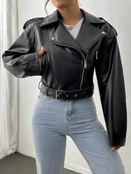 Fitaylor Spring Autumn Casual Women’s Lapel Zipper Faux Leather Jacket High Street Style - S (Black)