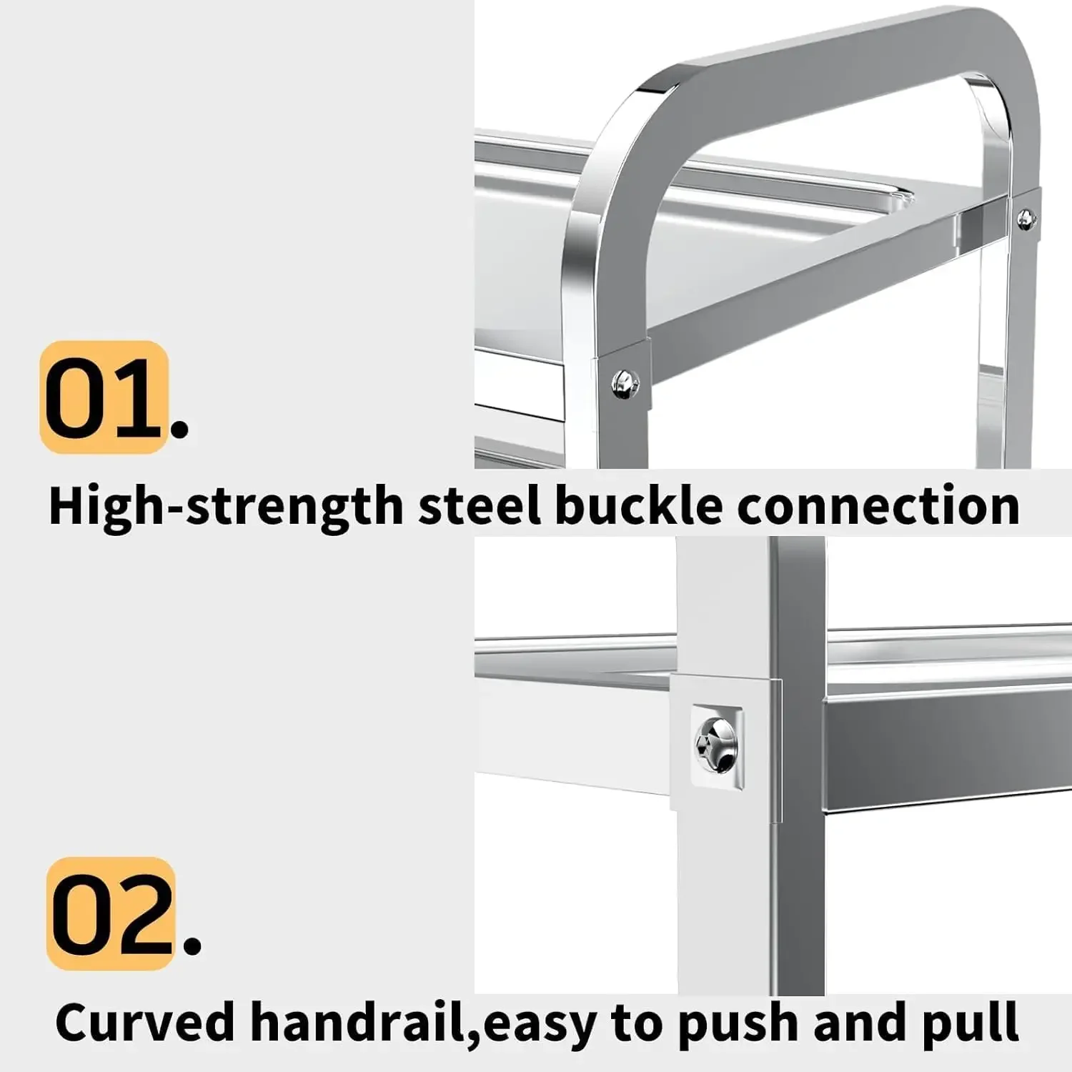 3-Tier Utility Cart with Wheels Kitchen Island Stainless Steel Trolley Serving Cart 300 lbs Capacity Catering Storage Shelf