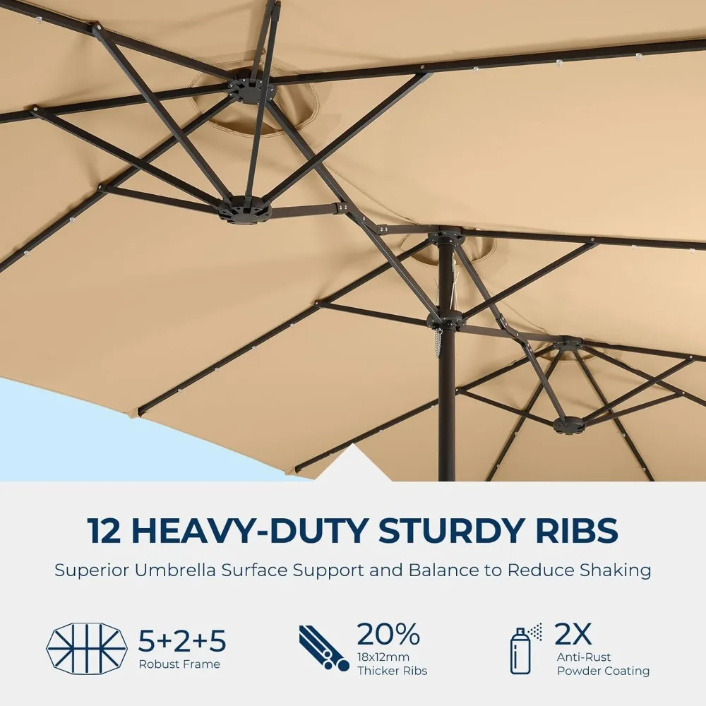 Double Sided Patio Umbrellas - 15ft Solar Lights LED Lighted Outdoor Extra Large Market Table Umbrella with Base Included 5