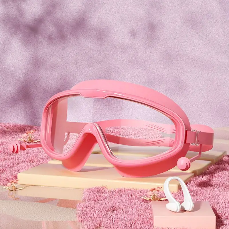 Summer high-definition anti fog and waterproof silicone earplugs with large frame for adult and children's swimming goggles
