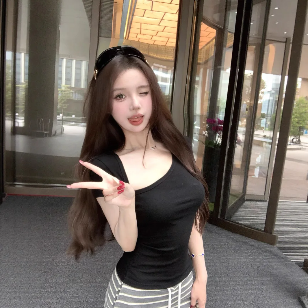 Black Short Sleeve T Shirt Sexy Student Korean Slim Tee