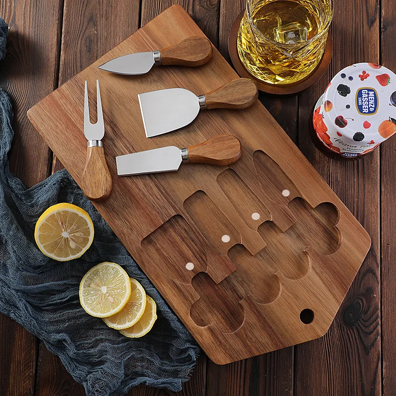 Acacia Wood Cheese Board with Stainless Steel Cheese Knife Set Home Kitchen Serving Platter Tools