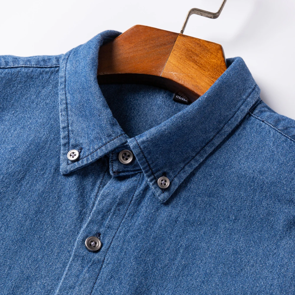 Denim Shirt Long Sleeved Shirt 100% Cotton Western Pocket Shirt Standard-fit Work Shirts