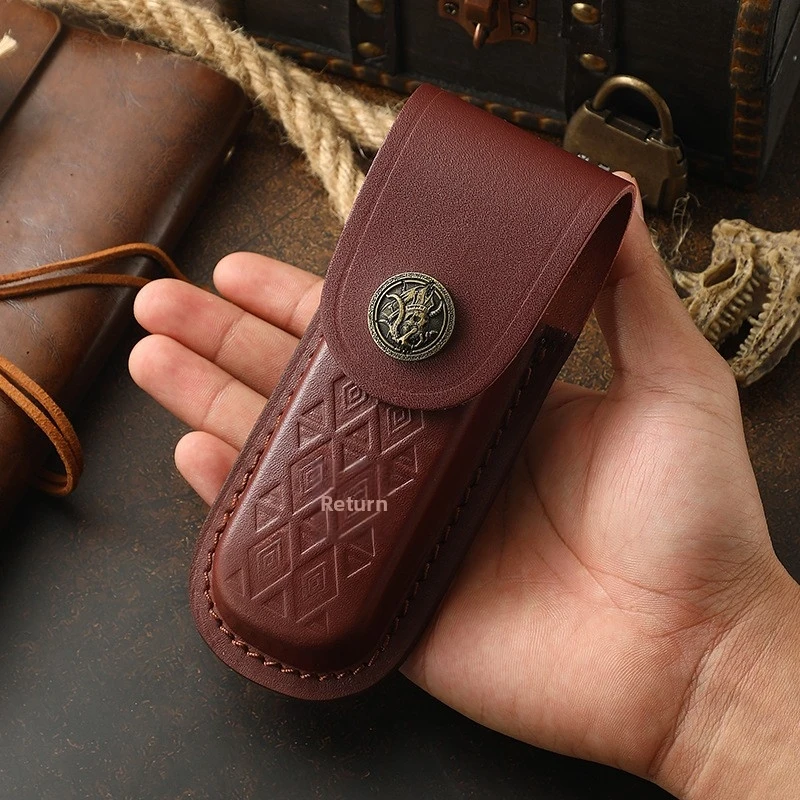 Handcrafted Genuine Leather Folding Knife Case - Durable Cowhide Side-Mounted Protective Storage Sleeve