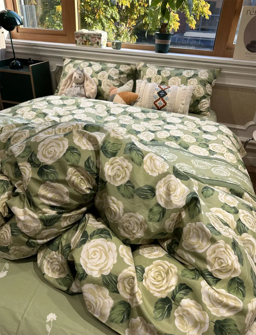 

Fashion pastoral flower rose green bedding set,twin full queen king rustic cotton home textile bed sheet pillow case quilt cover