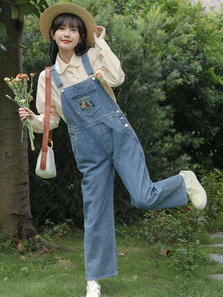 

Preppy Style Blue Denim Cartoons Jumpsuits Women Y2k Aesthetic Casual Suspender Wide Leg Playsuits Rompers Trousers Japanese