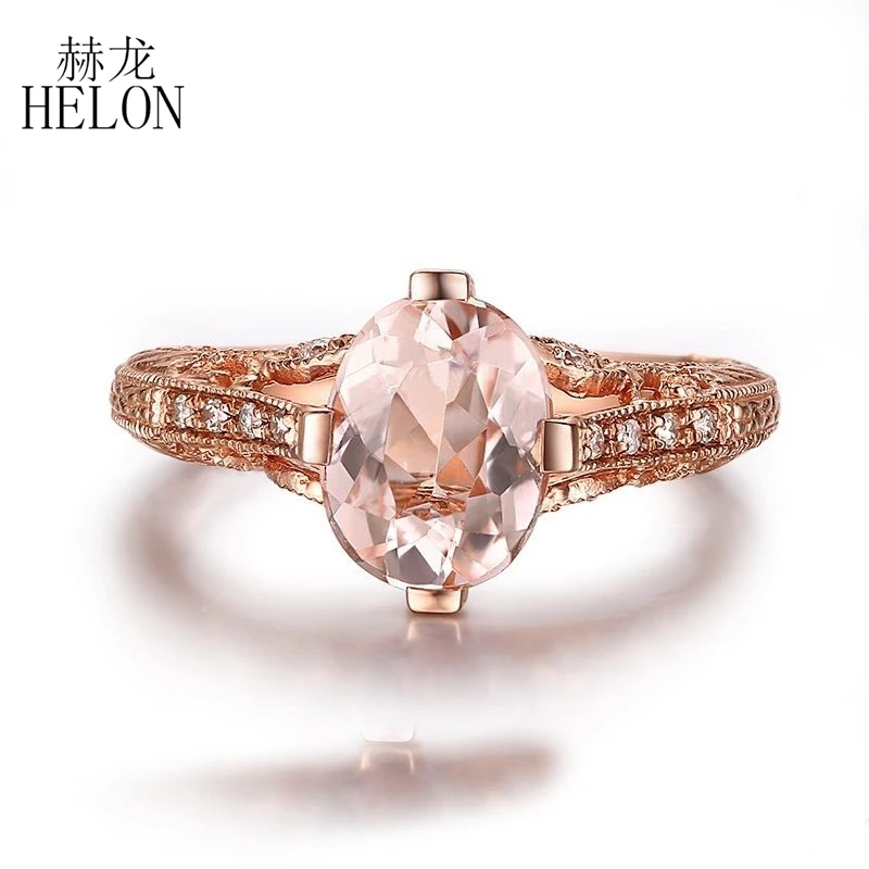 

HELON Solid 18k 14k 10K Rose Gold Oval Cut 9x7mm Natural Morganite Diamonds Women Trendy Vintage Fine Jewelry Engagement Ring