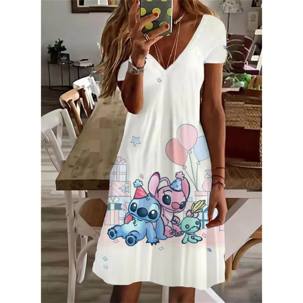 Vestido elegante informal con cuello en V y largo hasta la rodilla con estampado de Lilo y Stitch de Disney para mujer de verano Y2K 2024