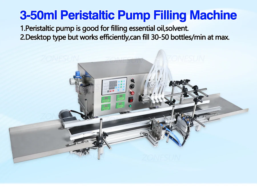 ZONESUN Automatic Desktop CNC Peristaltic Pump Filling Machine With Conveyor ZS-DTPP4W