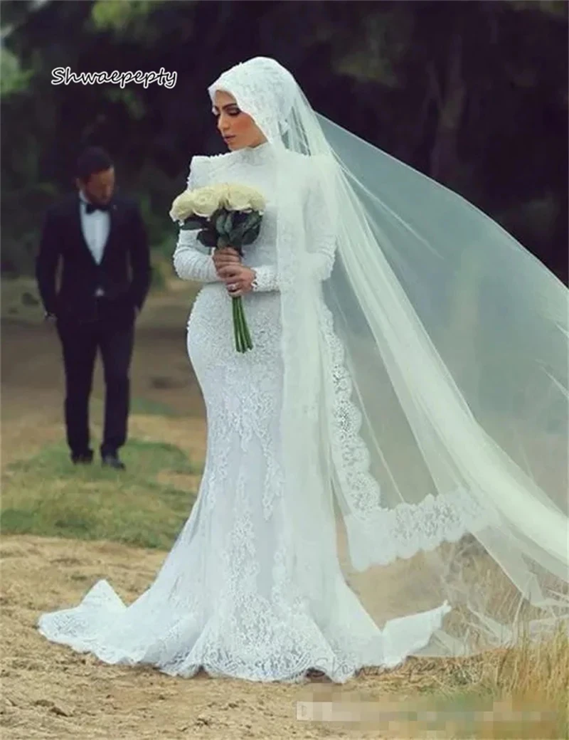 

Hijab Muslim Wedding Dress Long Sleeves High Neck Lace Mermaid Wedding Gown Appliques Modest Islamic Bride Wear