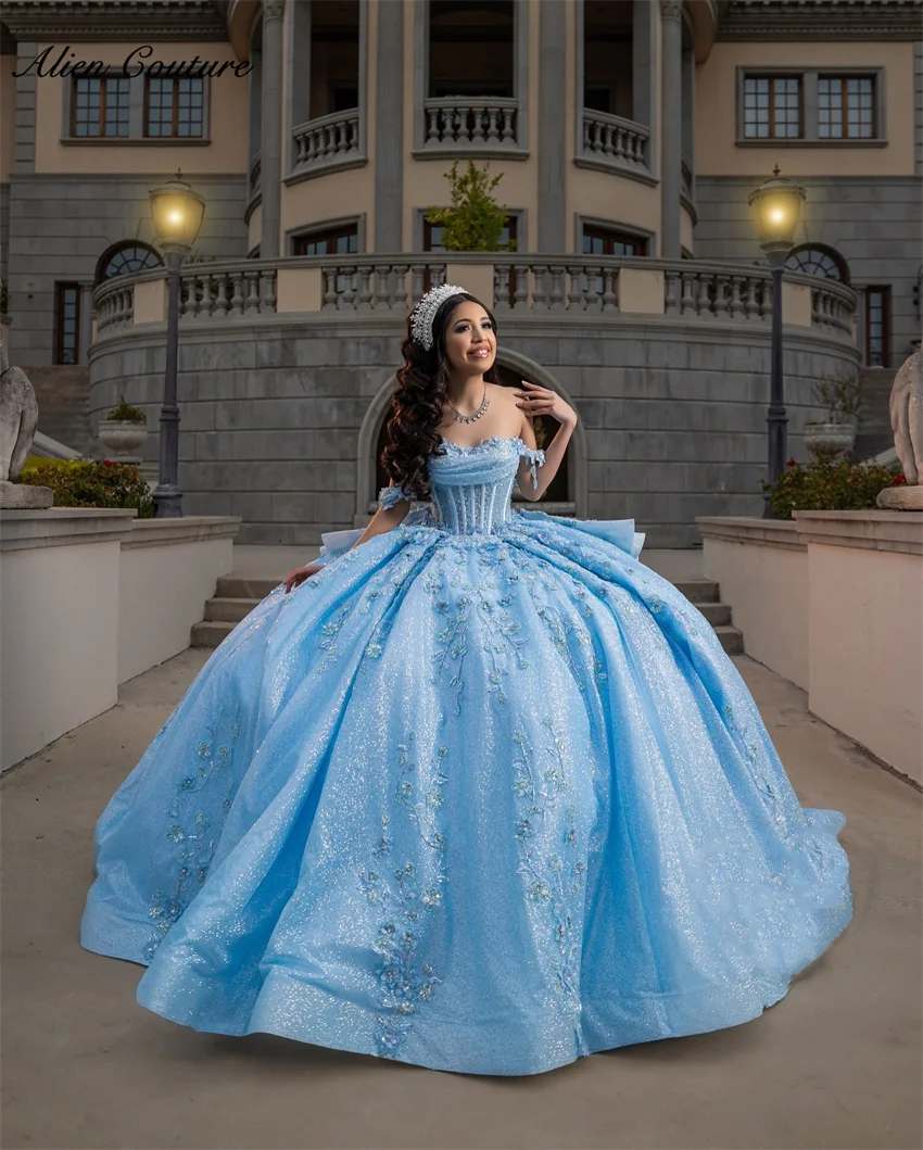 Sky Blue Ball Gown Quinceanera Dresses Pearls Flowers Beaded Appliques Sweet 16 Dress Vestidos De 15 Años 2025 Customized 1