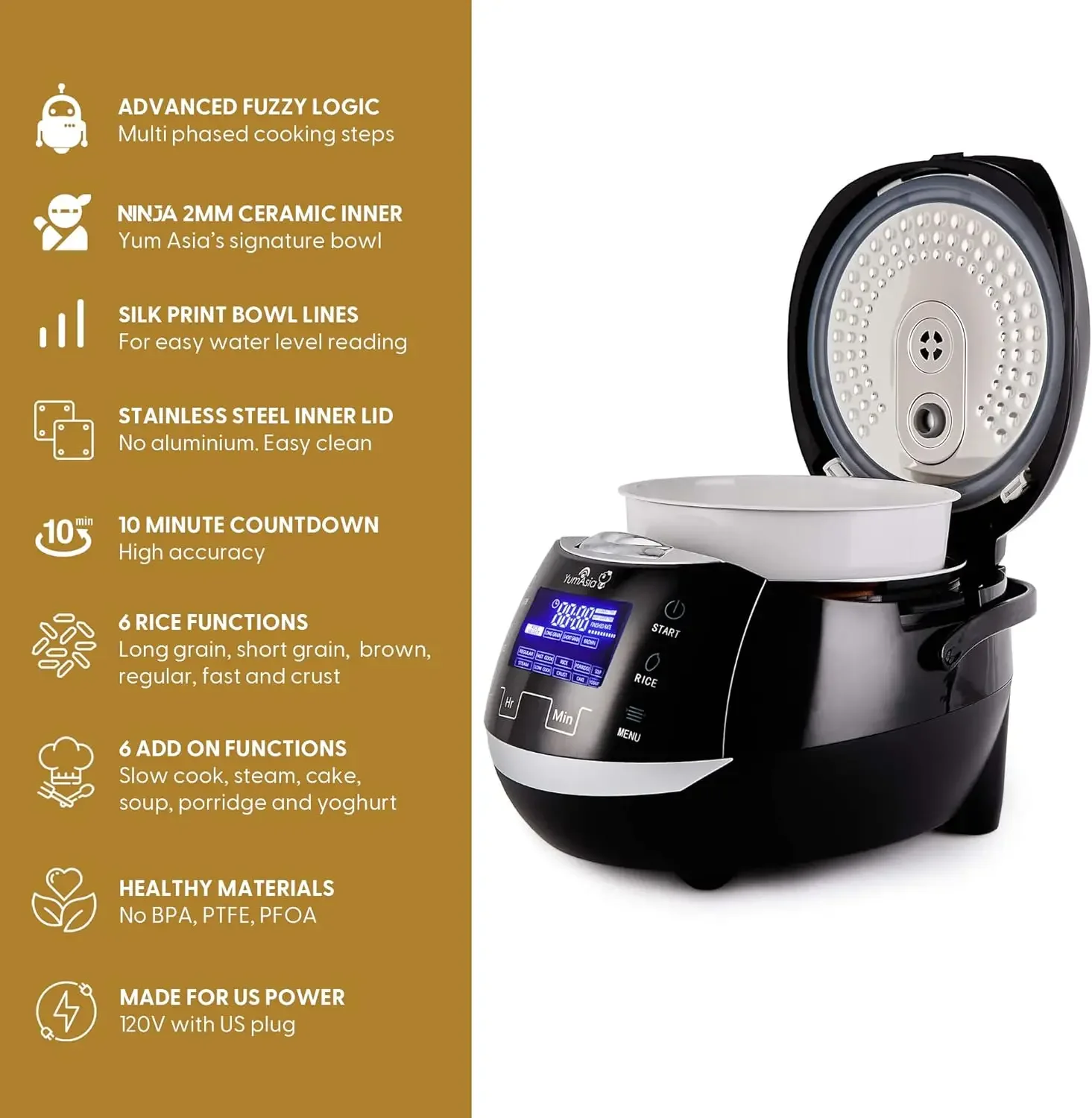 Yum Asia Rice Cooker with Ceramic Bowl and Advanced Fuzzy Logic (8 Cup, 1.5 Litre) 6 Rice Cook Functions, 6 Multicook Fun 3