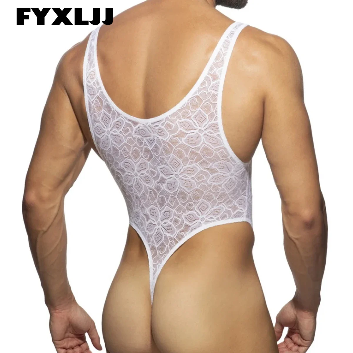 

FYXLJJ Men's Mesh Pajamas Bodysuits Sexy Lace See Through Sleeveless Homewear Rompers Gay Male Transparent Tanks Tops Bodysuit