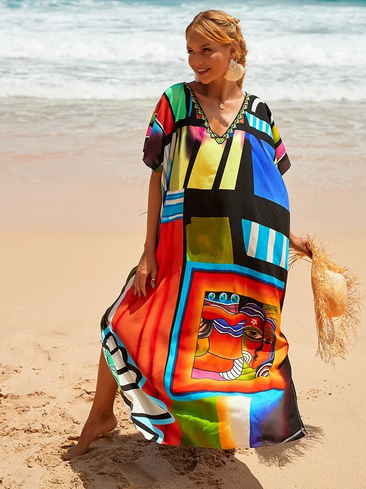 Cover-up Bohemian Dress Print Beach Style Kaftan Swimsuit Cover Maxi Dress Robe