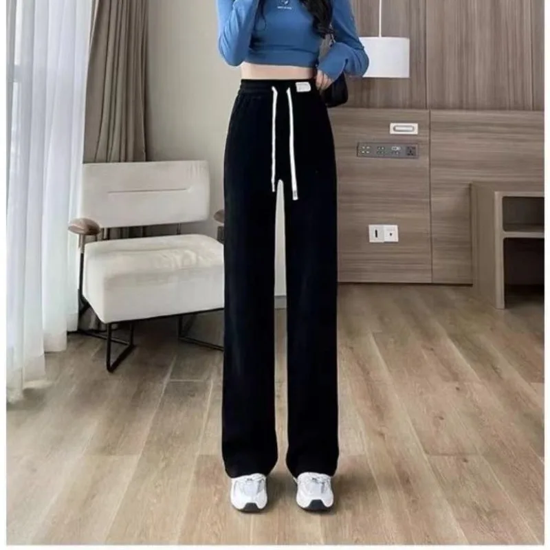 Autumn Winter Women's Elastic High Waisted Solid Screw Thread Bandage Drawstring Casual Wide Leg Loose Trousers Fashion Pants