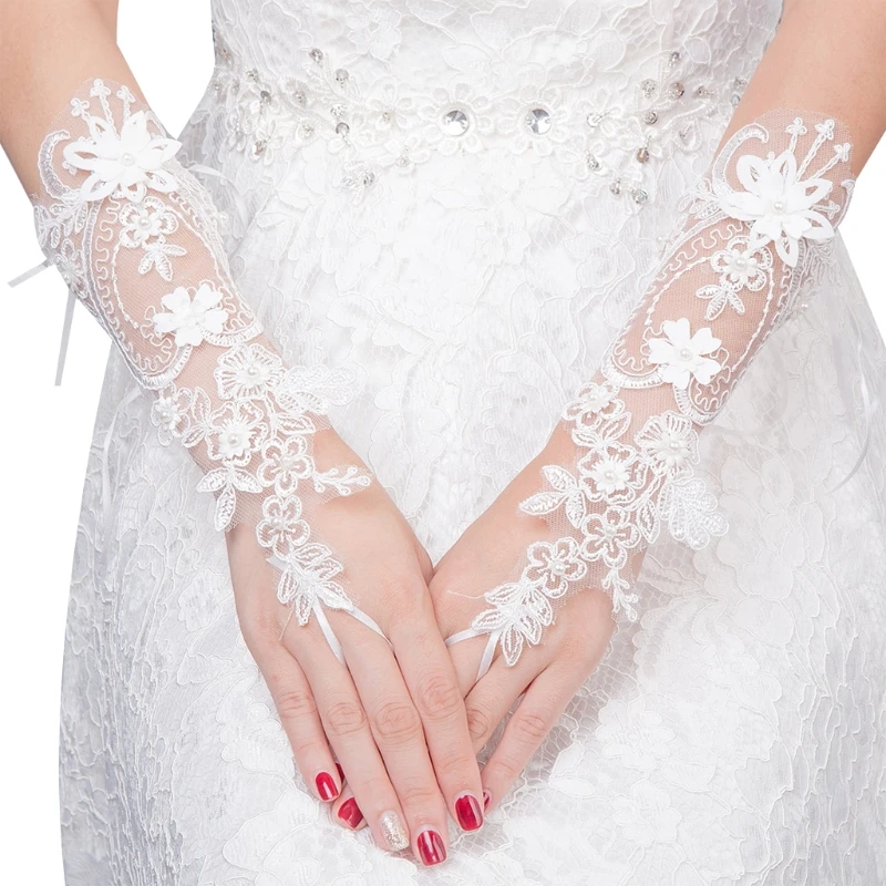 

Lace Fingerless Gloves Elegant Long Courtesy Summer Floral Applique Pearl Mitten for Women Girls Wedding Halloween Party