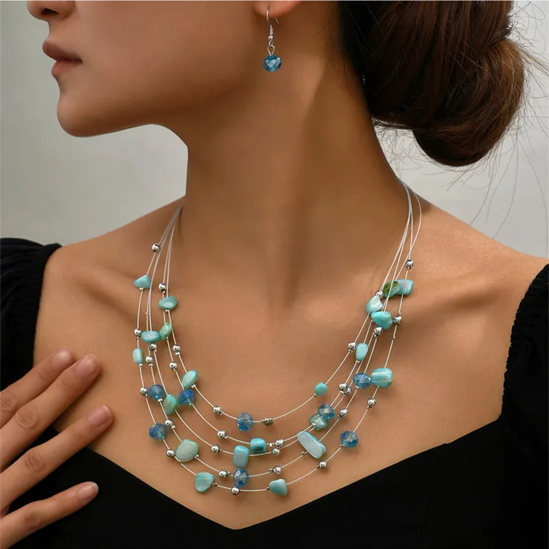 Colorful Shell Crystal Necklaces & Earrings Set For Women Multilayer Choker Necklace Women Crystal Earring Jewelry Sets jewelry sets jewelry set women earrings