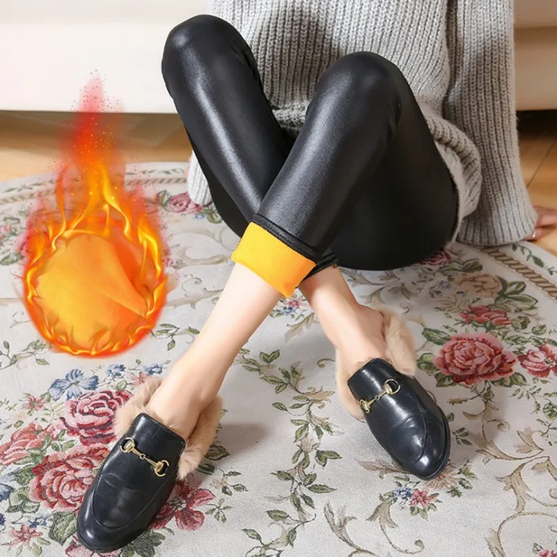 Thermal Women Leggings Fleece Winter Warm Legging Slim Elasticity Tights High Waist Thicken Leather Trousers Female Streetwear