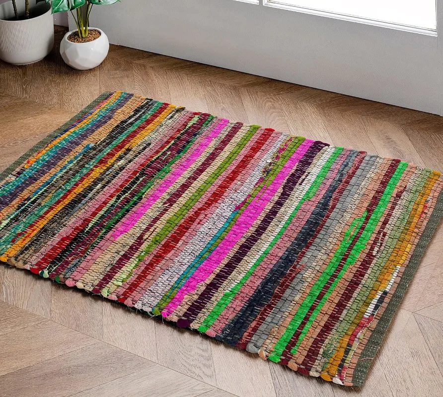 

Carpet Hand Woven Striped Rag Recycled Cotton Colorful Rug