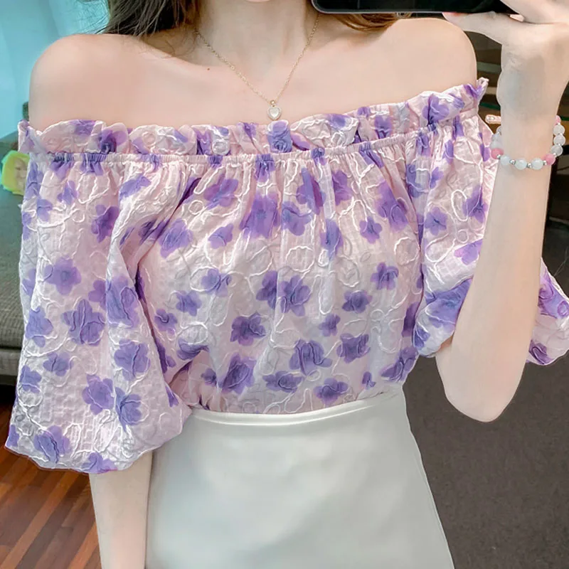 

2022 Summer Sweet Floral Embroidery Elegant Bubble Sleeves Pullover Chiffon Blouse And Top Women Clothing Slash Neck Purple 1716