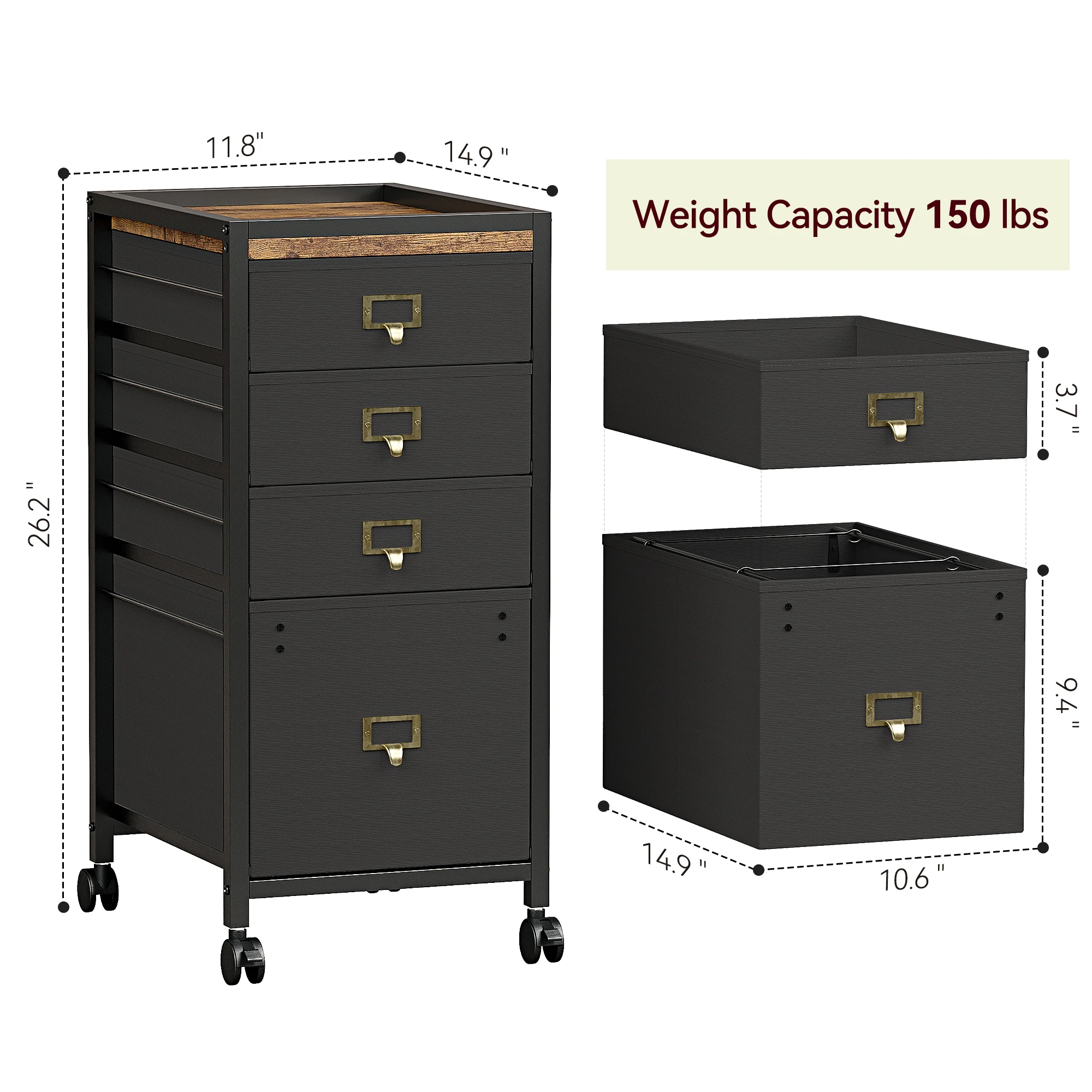 File Cabinet with Drawers, Mobile Filing Cabinet Fits Letter Size or A4, Fabric Vertical File on Wheels, Home Office