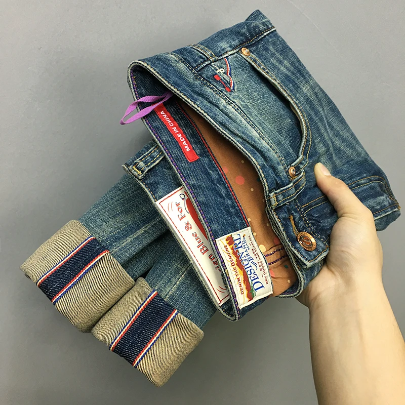 

Summer Thin High Quality 99% Cotton Selvedge Stretch Denim Jeans for Men Vintage Blue Loose Straight Tapered Pants Casual Y2k