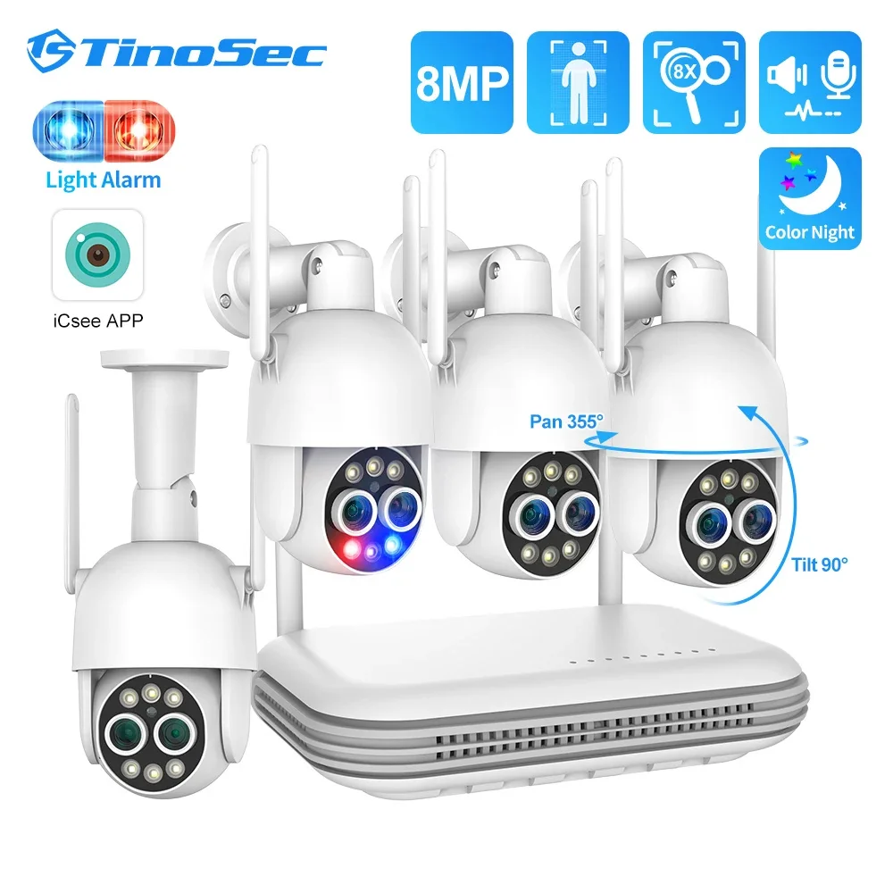 TinoSec 8CH 8MP WIFI IP Camera System Dual Lens Wireless PTZ Camera Kit Two-way Audio Night Vision CCTV Video Surveillance Cam