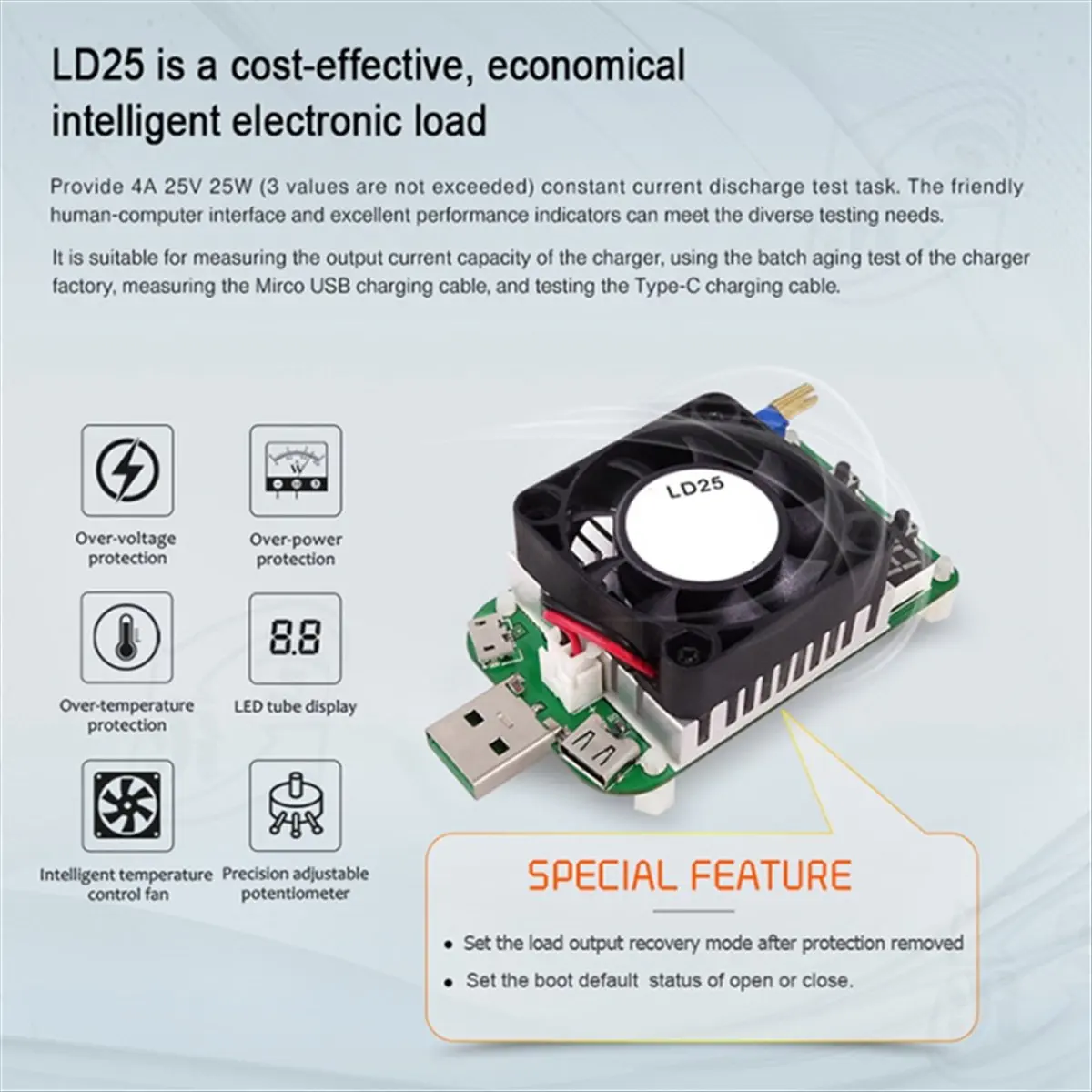 고품질 측정 도구 USB 전자 부하 테스터 팬 포함 조절 가능 저항기 LD25 재고 있음