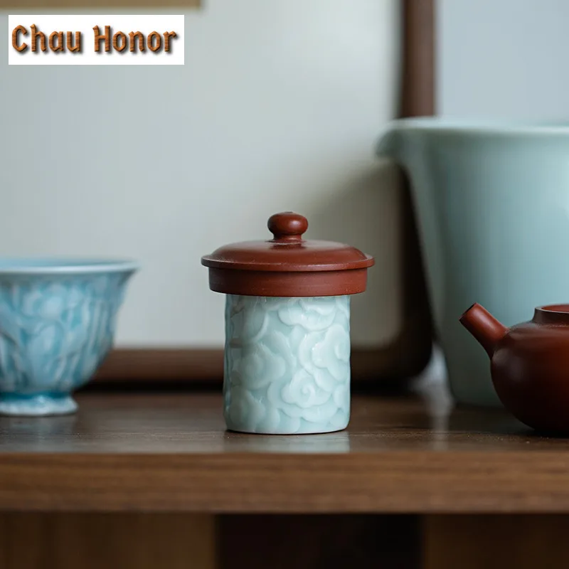 Imitation Song Hutian Kiln Shadow Celadon Glaze Relief Carving Auspicious Cloud Teapot Cover Holder Stand Ceramic Tea Ceremony