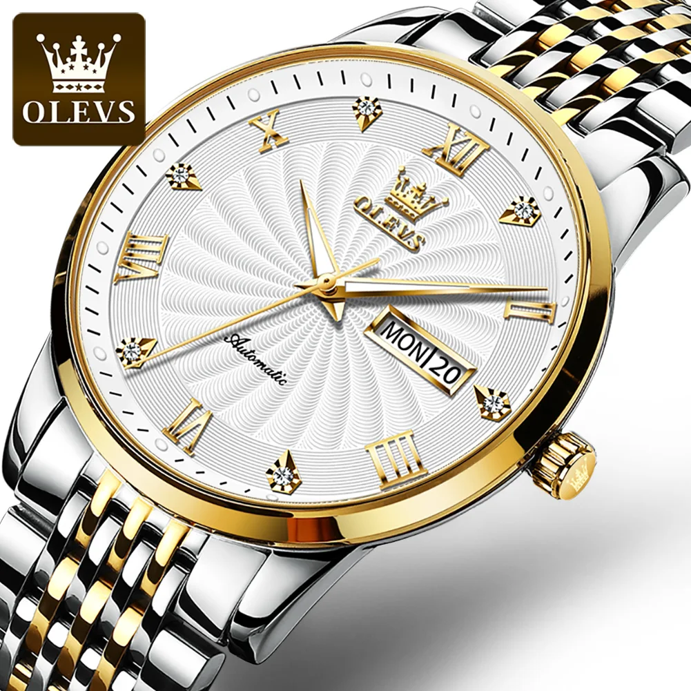 

OLEVS Automatic Mechanical Watch for Men Luxury Stainless Steel Dual Calendar Roman Dial Waterproof Luminous Men's Wristwatches