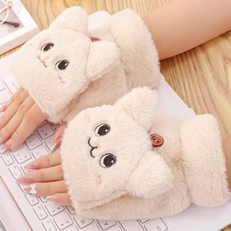 

Cute Cat Bear Rabbit Fur Mittens Women Winter Thicken Warm Mitten Gloves for Women Girls Animal Ear Flip Plush Fingerless Glove
