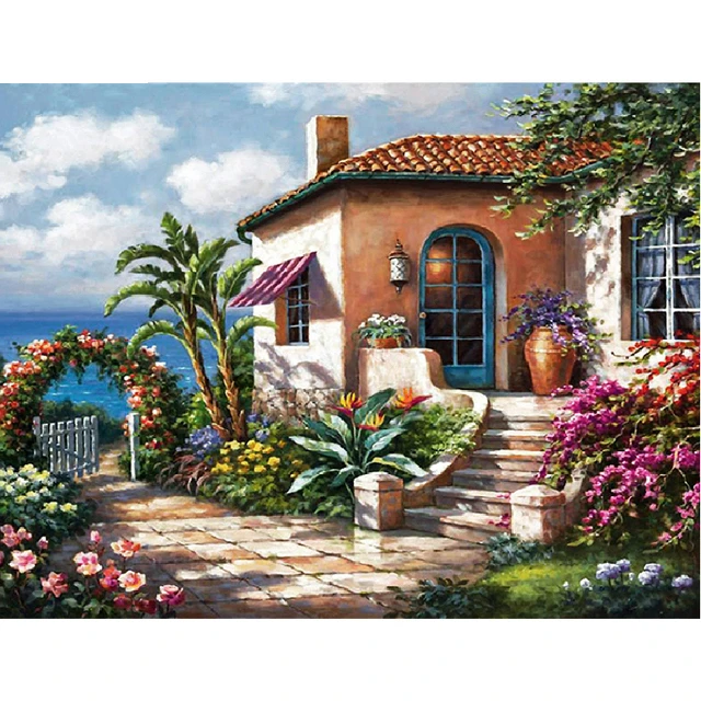 Diamond Painting House Scenery 5D Diamond Mosaic Seaside Landscape Rhinestone Embroidery Full Round Drill Home Decor CY-FJ02490-AE5