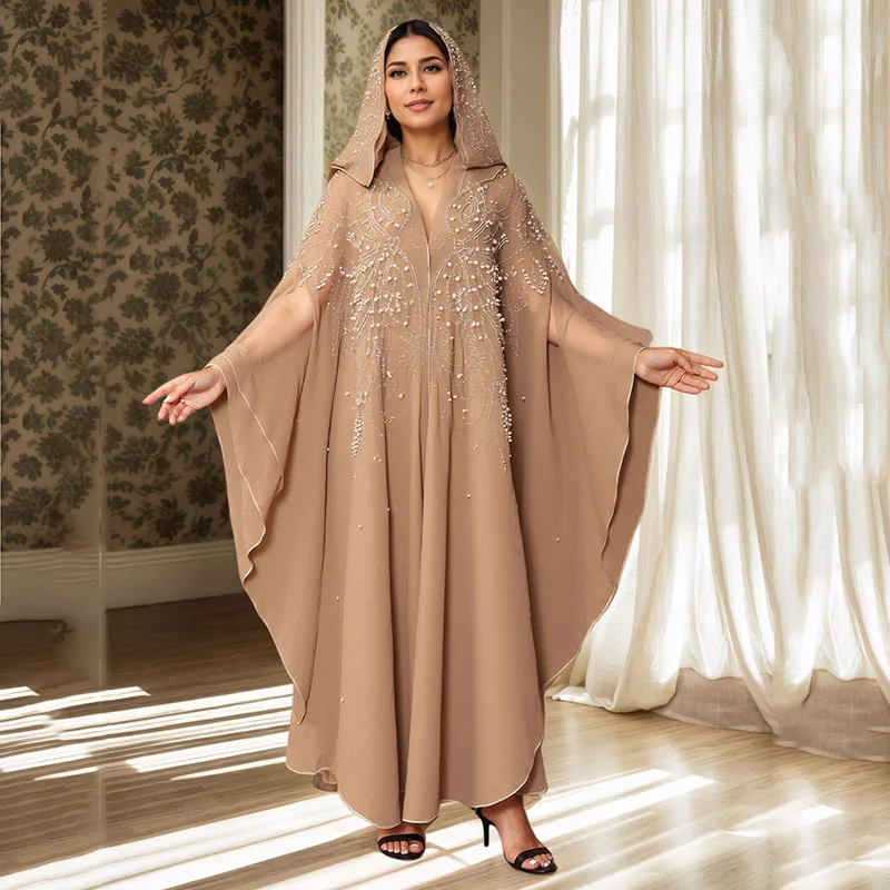 2025 New Kaftan Cardigan Chiffon Long Robe Lady Eid Muslim Dress for Women Bat Sleeve Abaya Luxury Diamond Flower Party Dresses