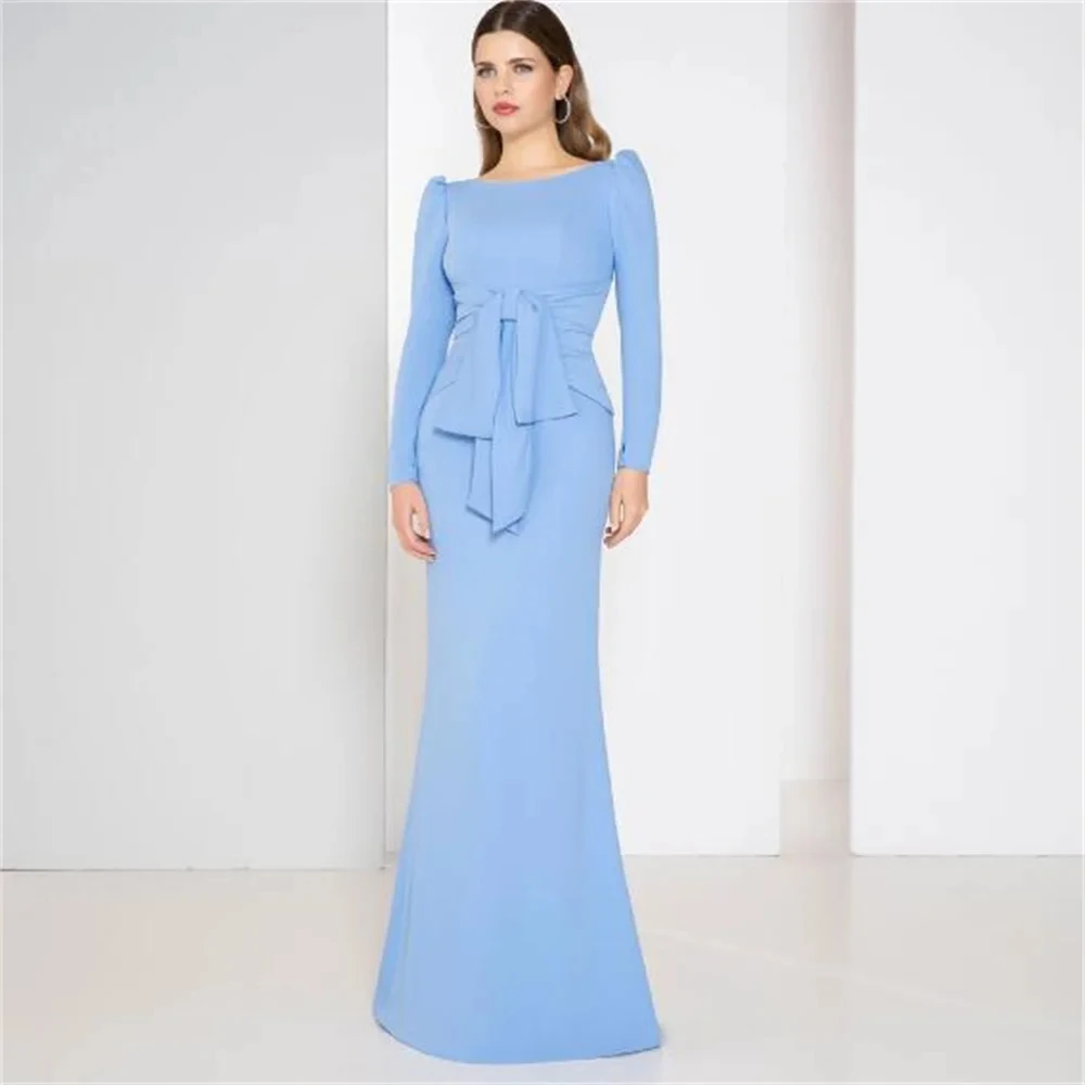 

Elegant Evening Dresses New Light Blue Long Sleeves Boat Neck Mermaid Prom Gowns Classic SATIN Modern Women Custom Made D10162