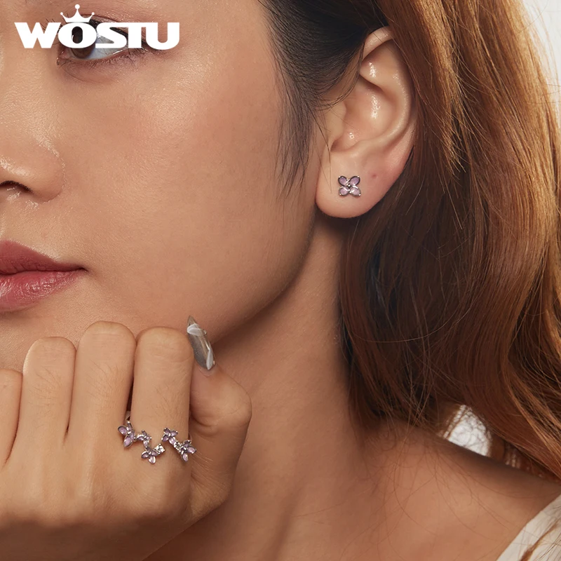 WOSTU 925 Sterling Silver Lilac Flower Open Ring Stud Earrings Jewelry Set for Women Fine Jewelry Party Dating Y2K Korean Gift 2