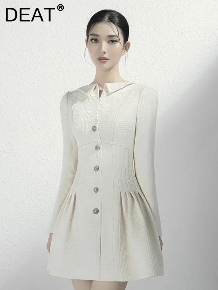 

Женское твидовое платье-мини DEAT, белое платье с воротником-лодочкой и длинным рукавом, облегающее платье с поясом, весна 2024