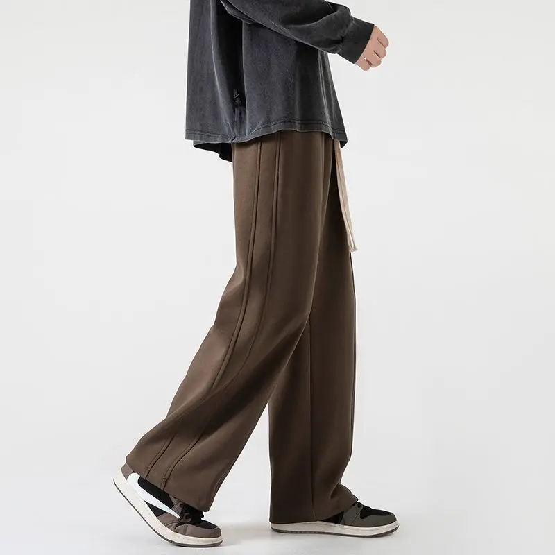 Autumn American High Street Trendy Straight Sports Casual Pants Men's Solid Drawstring Pockets Patchwork Loose Wide Leg Trousers