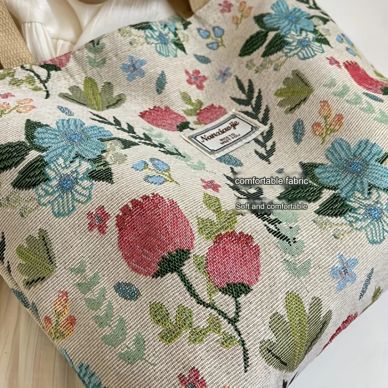 New Women's Casual Shoulder Bags Flower Print Canvas Handbags Large Capacity Daily Commuting Shopping Bag
