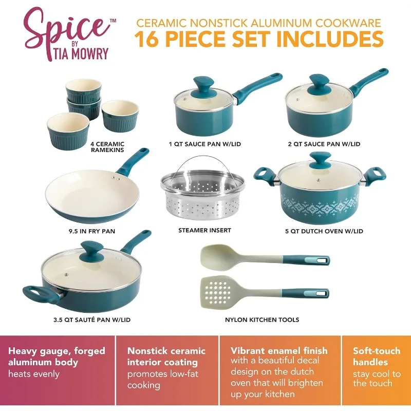 Spice By Tia Mowry Cookware Set, Savory Saffron, Ceramic Nonstick, Aluminum