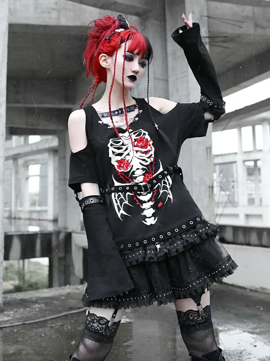 Ruibbit Harajuku Gothic T-shirts Black Long Sleeve O-neck