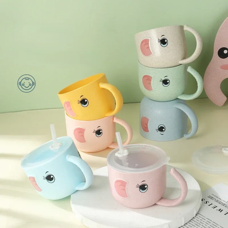 Drinking Cup Water Cup Water Bottle Feeding Cup Baby Learning Cartoon Elephant Shape Leak-proof With Straws