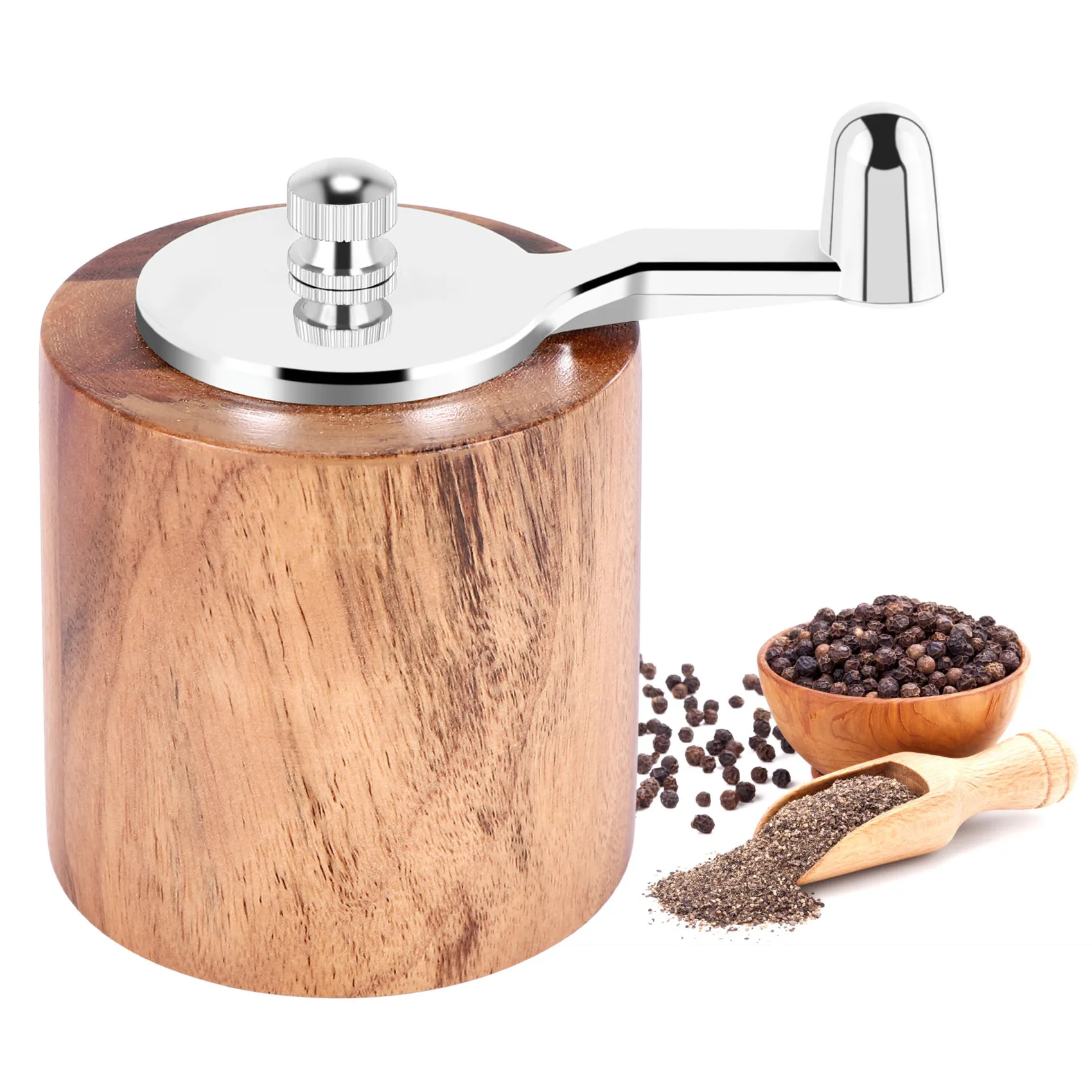 Pepper Mill Hand Crank Wood Pepper Grinder with Classic Handle and Adjustable Ceramic Rotor