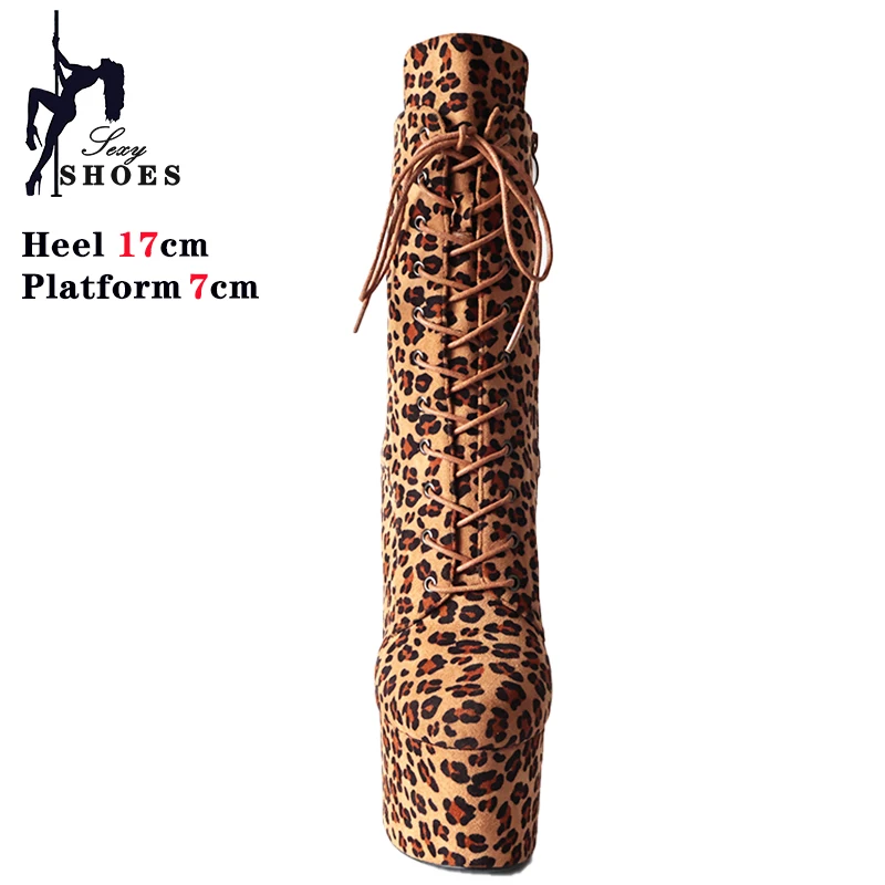 New Sexy Leopard 17cm/7Inchs Super High Heels Pole Dancing Ankle Boots Laces Round Head Platform Stripper Party Heels For Women