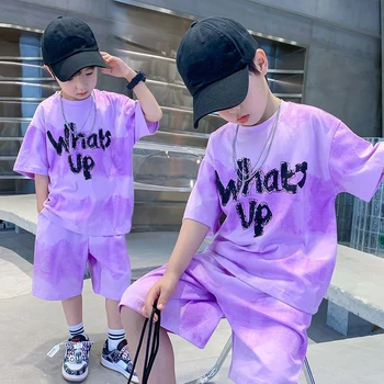 2024 New Boy Summer Quick dry Suit Children Streetwear what's up Short Sleeve TShirt + Shorts Two piece Sports Set Loose Outfits 1