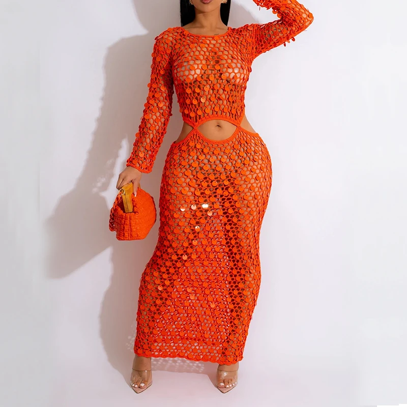 

BKLD Shiny Glitter Fashion Sequins Long Dress Women's Sexy See-through Hollow Long Sleeve Knitted Patchwork Beach Party Outfits