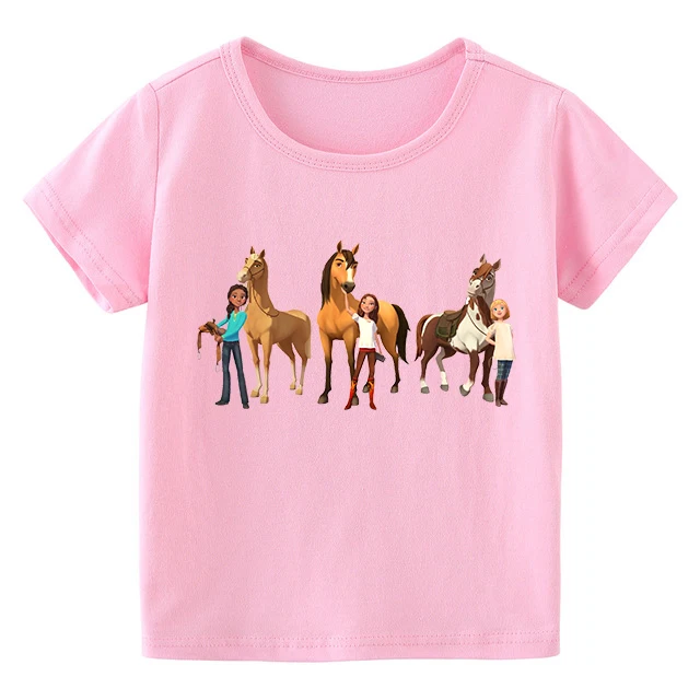 2022 100% Cotton  Lucky & Mustang Spirit Horse Cartoon Girls Pink T Shirt Cute Kids Clothes Baby Boys Summer Tees Short Sleeve