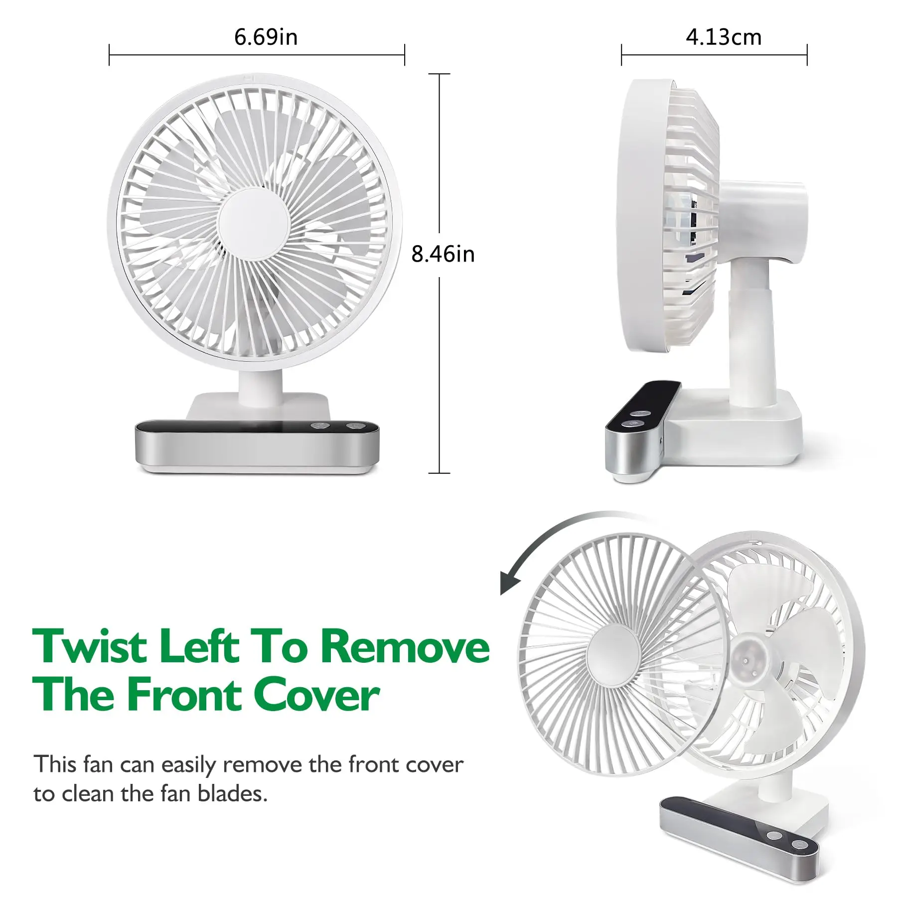 Oscillating Desk Fan 4000mAh Battery Powered & USB Rechargeable Small Personal Fan Quiet Table Fan Portable Fan 4 Speed with LED 6